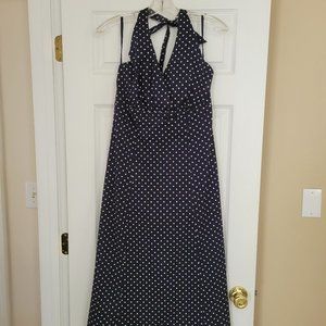 Land's End Halter Maxi / Midi Dress, Navy Blue w/White Polka Dots Size 12
